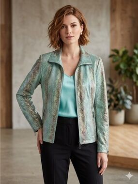 DIALOGUE Chic Turquoise Aqua & Brown Snake Print Faux Leather Jacket, Size M